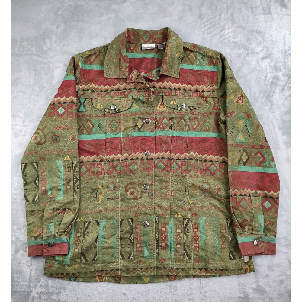 Chicos Size 1 Medium Geometric Print Button Up‎ Jacket Khaki Green Red Teal